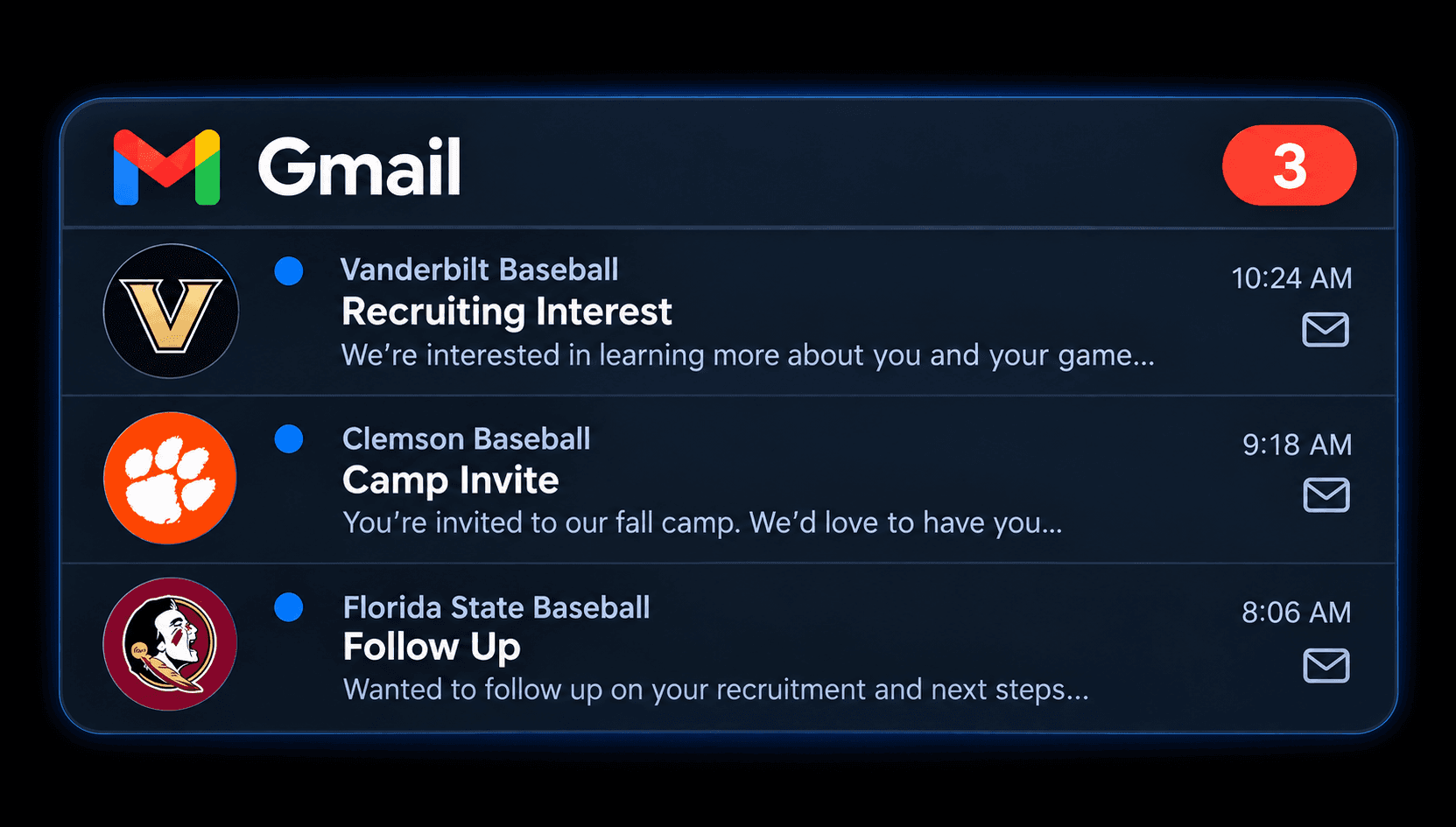 Gmail inbox showing recruiting emails from college baseball coaches